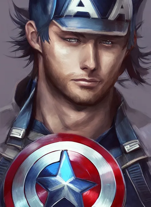 Image similar to an anime portrait of jensen ackles as a beautiful man wearing a captain america costume from skyrim, by stanley artgerm lau, wlop, rossdraws, james jean, andrei riabovitchev, marc simonetti, and sakimichan, trending on artstation