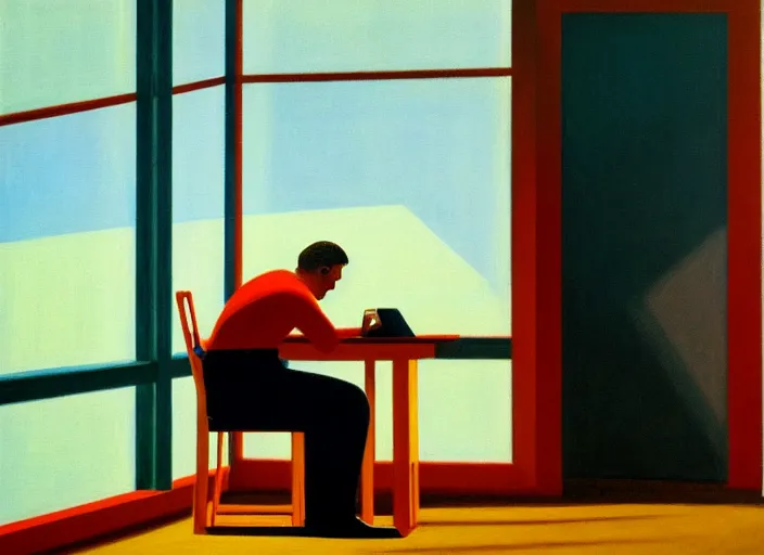 Image similar to painting of a lonely man sitting at his desk in an empty, huge office, in the style of edward hopper