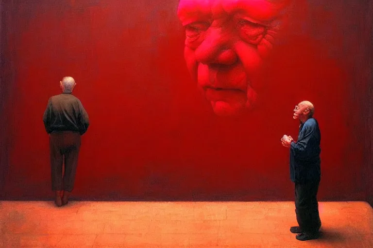 Image similar to only with red, a red old man try to sell a portrait, cheering crowd, in the style of beksinski, parts by edward hopper, parts by rodcenko, parts by yue minjun, intricate and epic composition, red by caravaggio, insanely quality, highly detailed, masterpiece, red light, artstation, 4 k