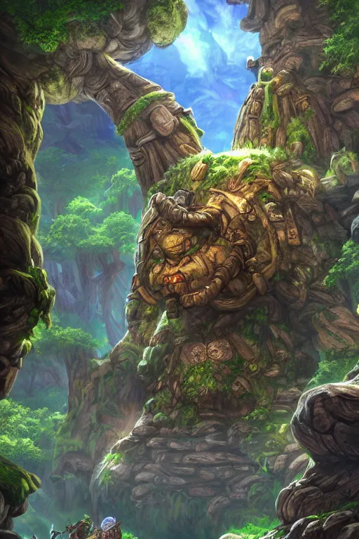 Image similar to zelda fantasy art giant golem troll wood rock greeble gemstone, global illumination ray tracing hdr fanart arstation by sung choi and eric pfeiffer and gabriel garza and casper konefal