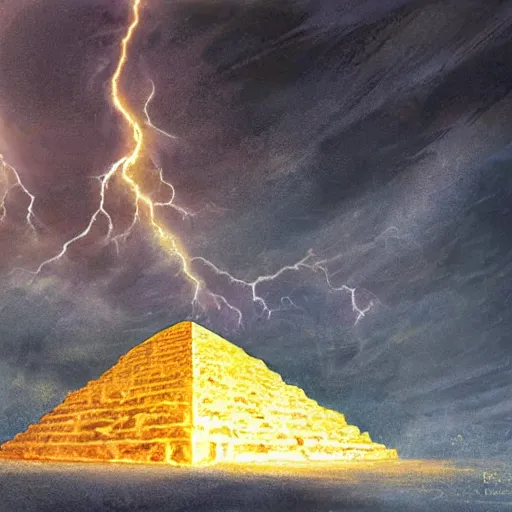 Image similar to Helios guarding the pyramid of Cheops, dessert, ancient world, realistic, god, dramatic lightning, very detailed, concept art,