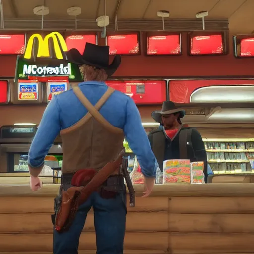 Prompt: arthur morgan as a cashier at mcdonalds