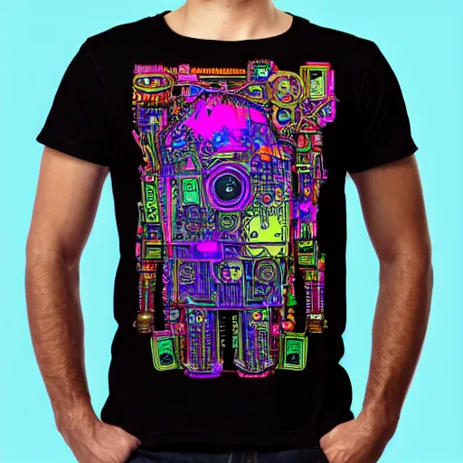 Prompt: mockup of a black tshirt with a hyperdetailed portrait of a steampunk robot on lsd, 8 k, symetrical, flourescent colors, trippy mood, multicolored,