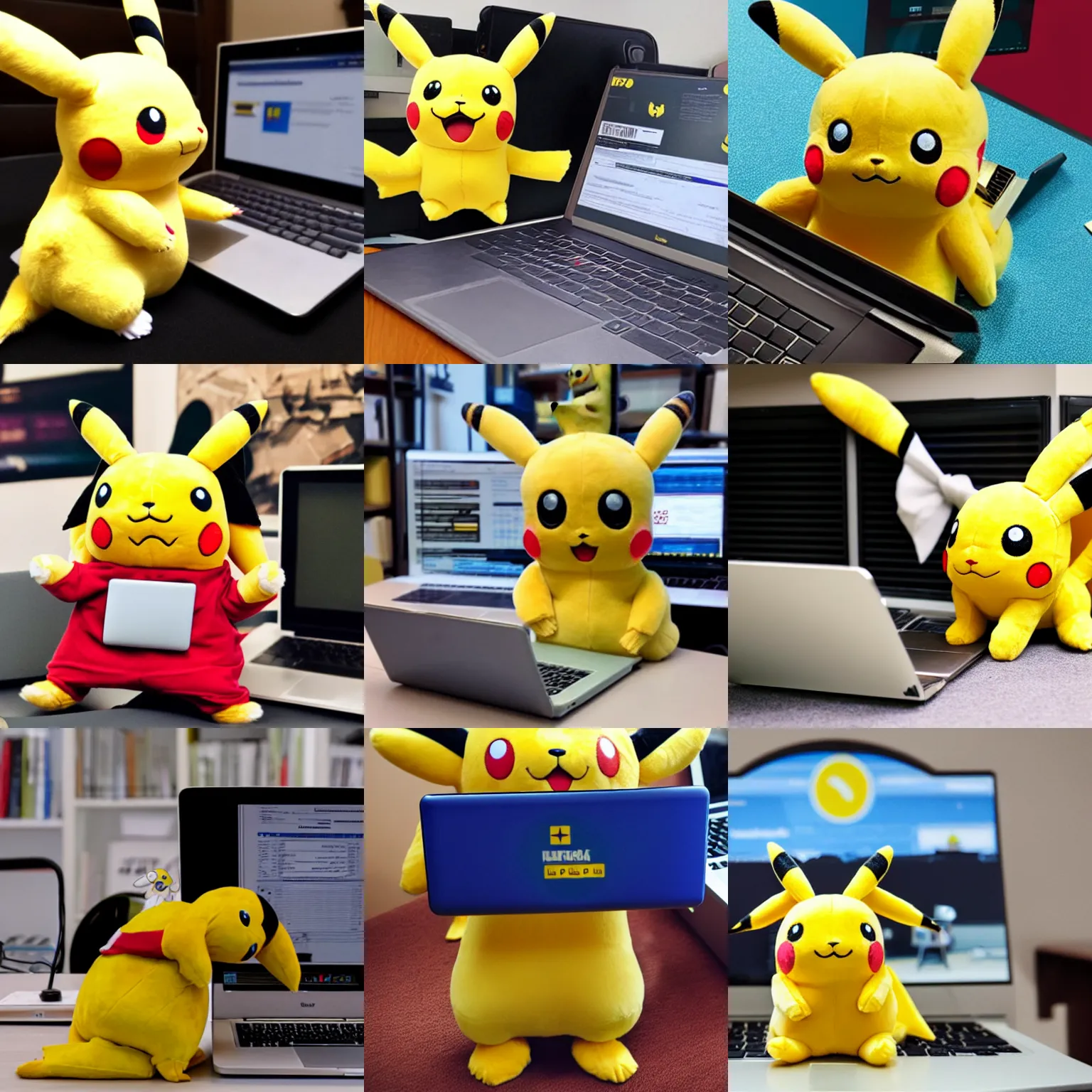 Prompt: Plush Pikachu tries to pay taxes using an old laptop, photo