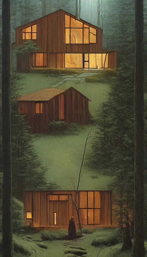 Image similar to cozy ultra modern home in the woods moody lighting, highly detailed, painting by zdzisław beksinski and norman rockwell and greg rutkowskiweta studio, and lucasfilm