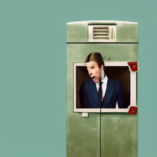 Image similar to a photo of a famous actor trapped inside a television trying to escape, very sharp and detailed 8k photorealistic image, in the style of Wes Anderson