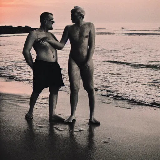 Prompt: vintage gay couple at the beach, nostalgic photography, sunset