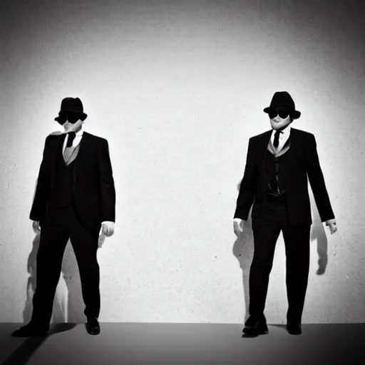 Image similar to blues brothers walking towards camera with white background. wearing suits. strong shadows. high contrast. serious look. carrying a pistol