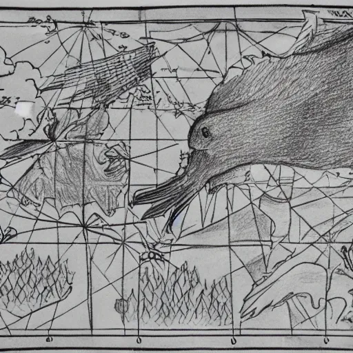 Prompt: a drawing of a map of a mythological land that is ruled by crows