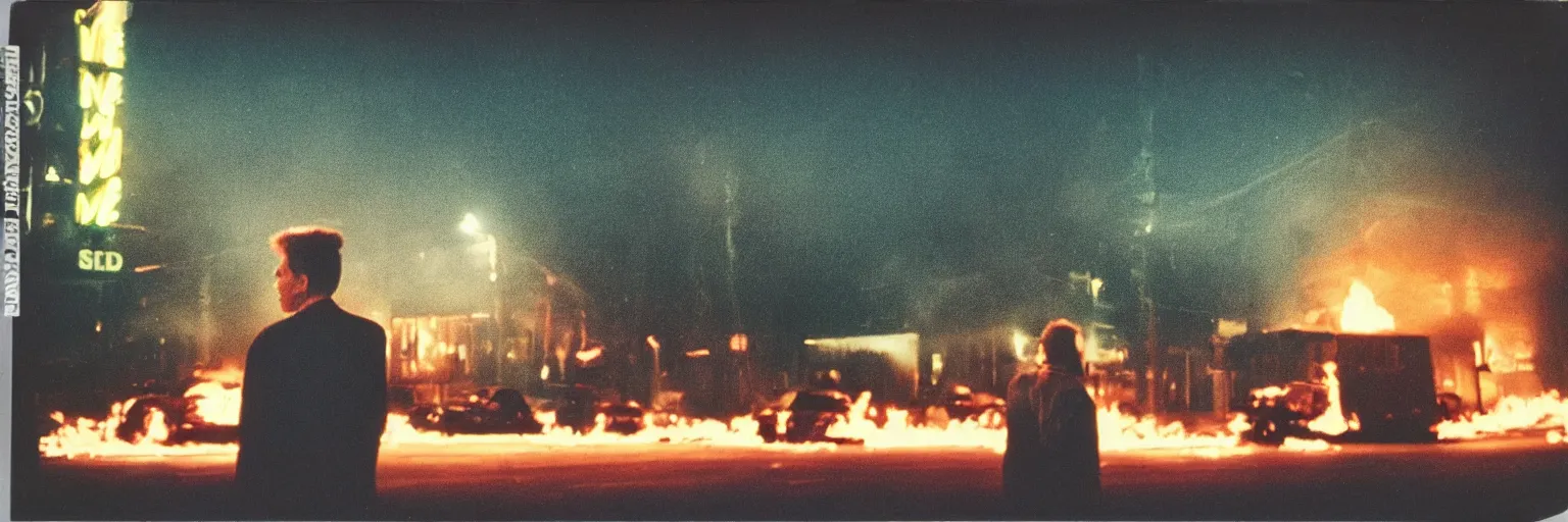 Image similar to 8 0 s polaroid photo, cinema still from david lynch movie, sleazy man watching night streets while a single house burns in the background of suburbia, haze, americana, high production value, 8 k resolution, hyperrealistic, hdr, photorealistic, high definition, high details, tehnicolor, award - winning photography, masterpiece, amazing colors