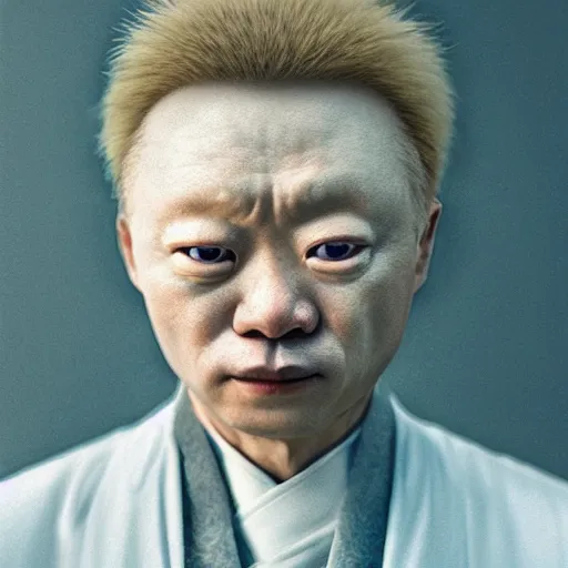 Prompt: expired fuji film portrait of albino tadanobu asano mix, hyperrealism, photorealistic, 8 k, imax quality,