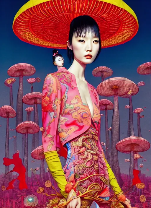 Image similar to pretty chinese model with hallucination mushroom : : by martine johanna and simon stalenhag and chie yoshii and casey weldon and wlop : : ornate, dynamic, particulate, rich colors, intricate, elegant, highly detailed, centered, vogue, harper's bazaar art, fashion magazine, smooth, sharp focus, octane render, 8 k