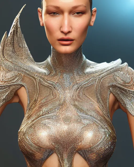 Image similar to a highly detailed metahuman 8 k close up render of bella hadid in iris van herpen dress trending on artstation made in unreal engine 4