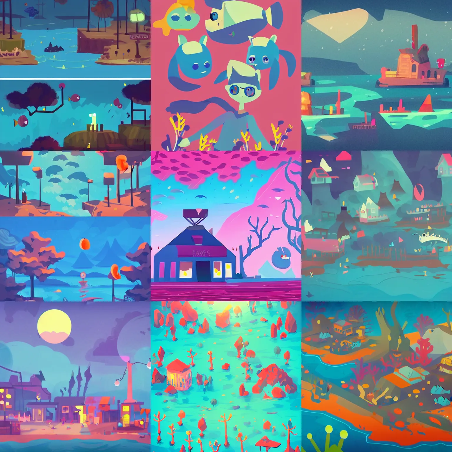 Prompt: beautiful lineless art for a 2d side scroller game set in a crowded post apocalyptic sea fairing town with lots of coral and fish inspired by night in the woods and lisa frank