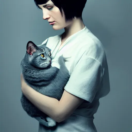 Prompt: A beautiful woman with short blue hair holding a grey and white cat, full body by Cedric Peyravernay, highly detailed, excellent composition, dramatic lighting, trending on ArtStation