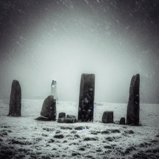 Image similar to 'a portrait of an army of cats sitting in front of the neolithic standing stones, haunting, fog, grainy, snowing, atmospheric clouds'