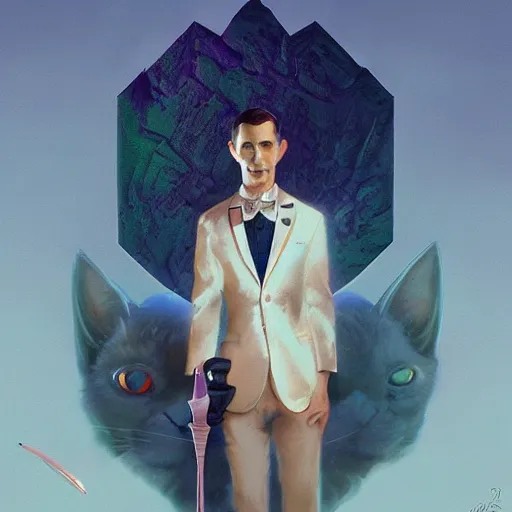 Prompt: face head eyes fuzzy ears kitty cat tabby international spy 007 wearing a nanotech tuxedo concealing a sword jordan grimmer maxfield parrish cristi balanescu ross tran christophe young dug stanat jakub rebelka oil painting impasto