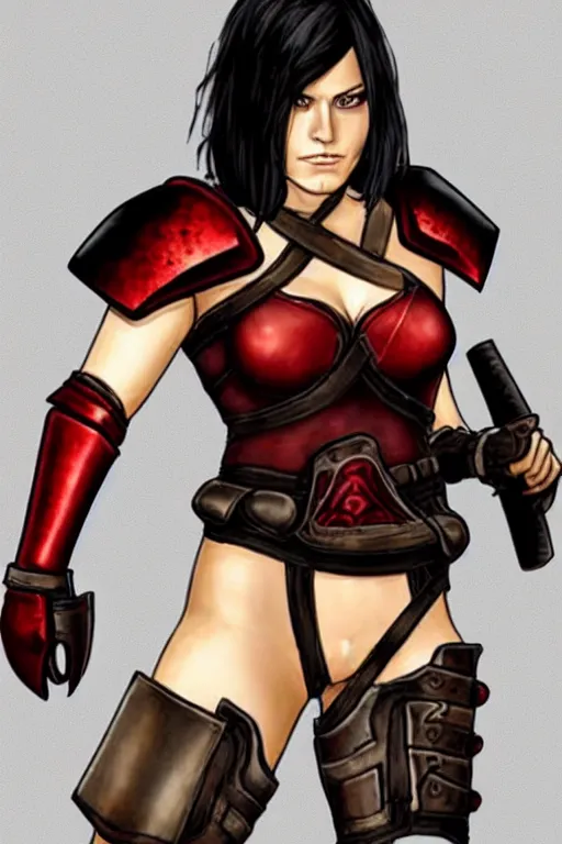 Prompt: realistic character portrait : female warrior, 2 7 years old. her face resembles jaimie alexander. her hair is short, straight, and raven black. she is fair - complected but tan. she is tall and gracile, except for her thick muscular arms and her ample bust. she wears sleeveless red & black practical leather armor with golden highlights that leaves only her muscular arms exposed.