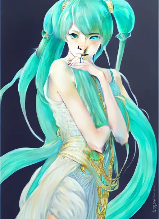 Prompt: oil portrait of hatsune miku, intricate, elegant, highly detailed, lighting, painting, artstation, smooth, illustration, art by greg rutowski and alphonse mucha