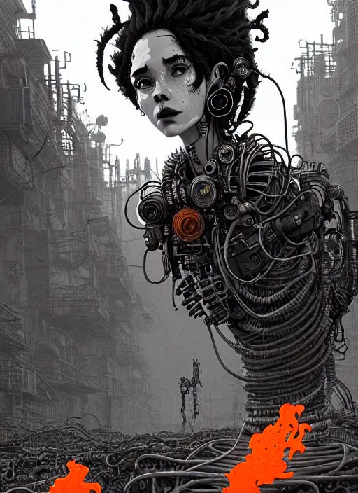 Image similar to highly detailed portrait of wasteland punk long curly fire hair tribal lady, stray wiring by atey ghailan, james gilleard, by joe fenton, by greg rutkowski, by greg tocchini, by kaethe butcher, 4 k resolution, gradient red, orange, black and white color scheme!!! ( ( flaming robotic dystopian city spiral background ) )