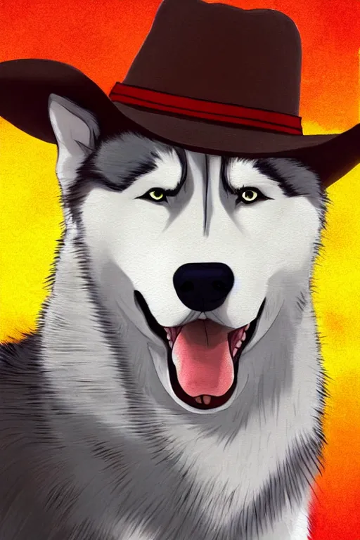 Prompt: a portrait painting of a husky in cowboy costume, wearing a cowboy hat, by [ studio ghibli ], in the style of anime, [ western film ], [ red dead ], trending on artstation