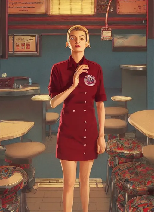 Prompt: Twin Peaks poster artwork by Michael Whelan and Tomer Hanuka, Karol Bak, Rendering of Zendaya!!!!!! working at the local diner, wearing 'rr diner uniform'!!!!!, from scene from Twin Peaks, full of details, by Makoto Shinkai and thomas kinkade, Matte painting, trending on artstation and unreal engine