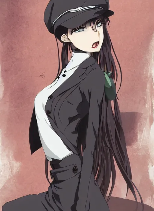 Image similar to key anime visual of a beautiful girl wearing a beige beret and blue shirt; long black hair; in the artstyle of Persona, Persona video game art