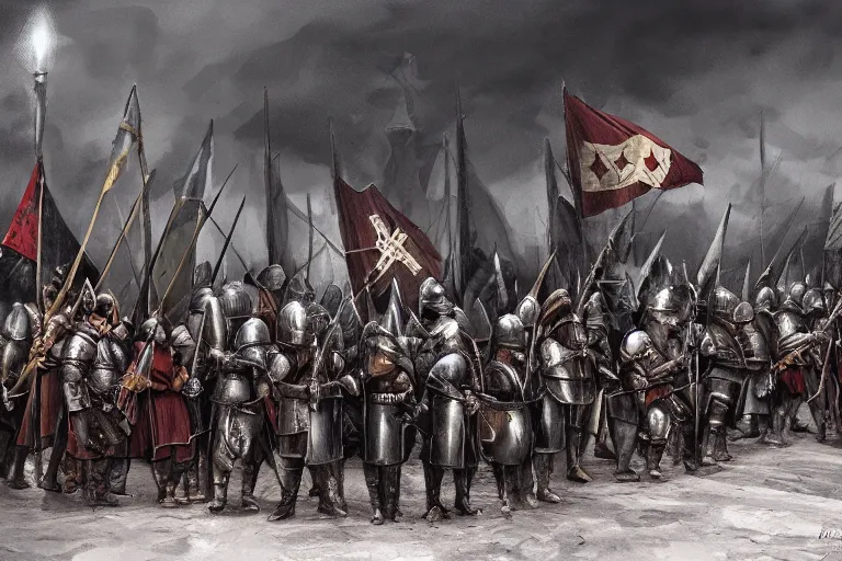 Image similar to realistic, medieval knights, soldiers, in line, pikes, hellbards, banner, flag, picture from behind, epic, digital art, illustration, fantasy, realistic sketch, dark, epic, realistic lighting