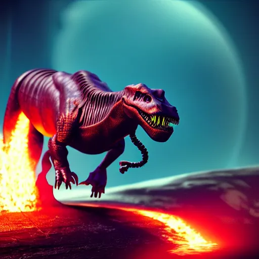 Prompt: an alien t-rex bursting out flames from its mouth in an unknown planet, octane render, bokeh, coherent, 3D