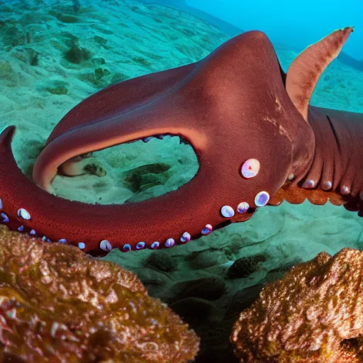 Prompt: photograph of an octopus eating a hammerhead shark, Award winning National Geographic photo