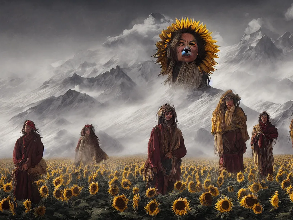 Prompt: a portrait of the mighty helianthus people, a nomadic mongolian tribe that worship the sunlight in a vast barren valley full of sunflowers that are withered dry, with glaciers peaking through fog in the distance, by Greg Rutkowski, Sung Choi, Mitchell Mohrhauser, Maciej Kuciara, Johnson Ting, Maxim Verehin, Peter Konig, Bloodborne, macro lens, 35mm, 8k photorealistic, cinematic lighting, HD, high details, atmospheric