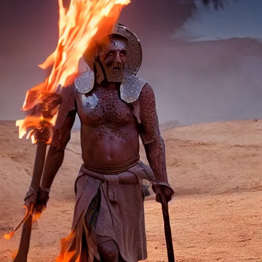 Prompt: cinematic still of ghostly man in ancient Canaanite armor and a flaming sword, paradise in the background, Biblical epic directed by Peter Jackson