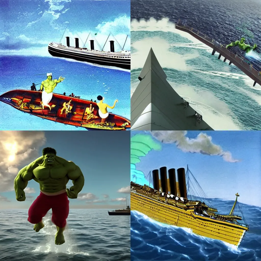 Prompt: Hulk flying over the Titanic in Atlantic Ocean wearing VR glasses