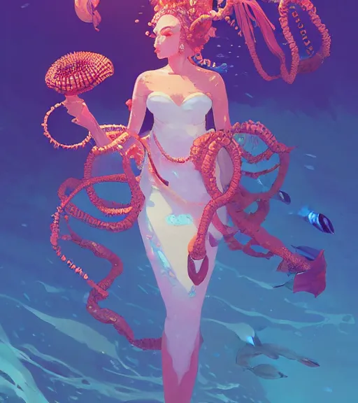 Image similar to portrait of a beautiful queen of the ocean with coral jewelry in complex and shiny dress made by jellyfish, by ross tran and atey ghailan, by greg rutkowski, by greg tocchini, by james gilleard, by joe fenton, by kaethe butcher, dynamic lighting, grunge aesthetic