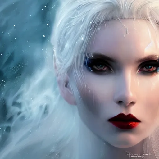 Image similar to kerli koiv as a ice queen frozen eylashes, darkwave, darksynth, concept headshot art, sharp, digital matte painting, art by luis royo, greg rutkowski, wlop, dramatic lighting, trending on artstation