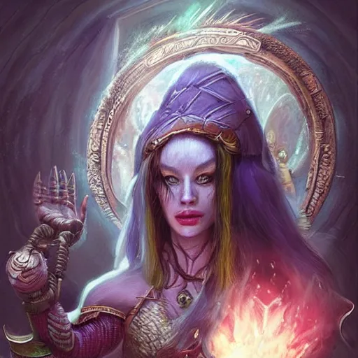 Prompt: a hyperrealistic fantasy illustration of a beautiful alien High-Priestess. Trending on ArtStation. In the style of Jason Chan, Tuomas Korpi and WLOP. Epic fantasy art. Middle Earth. Terry Pratchett. Shiva.