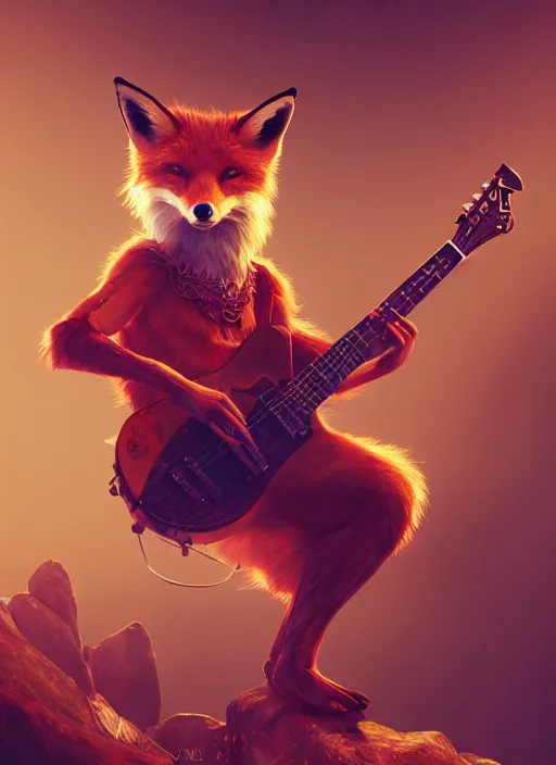 Prompt: An epic fantasy comic book style portrait painting of a fox plays a guitar on concert background, unreal 5, DAZ, hyperrealistic, octane render, cosplay, RPG portrait, dynamic lighting