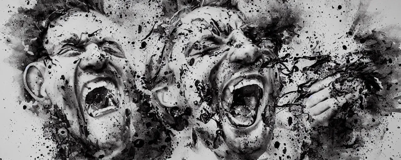 Image similar to portrait of a mad man screaming and laughing with ink bursting from the eyes, by max prentis,