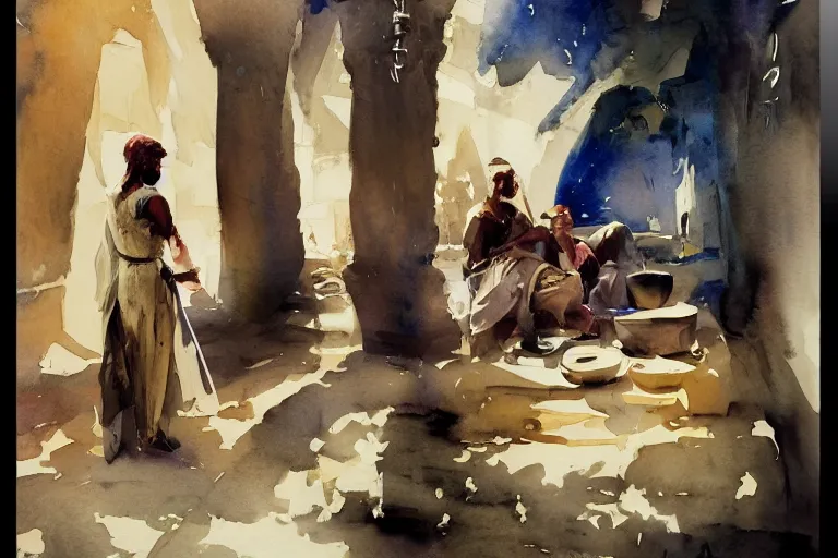 Image similar to small centered on watercolor paper, paint brush strokes, abstract watercolor painting of ancient egyptian potter, pottery, clay work, cinematic light, national romanticism by hans dahl, by jesper ejsing, by anders zorn, by greg rutkowski, by greg manchess, by tyler edlin