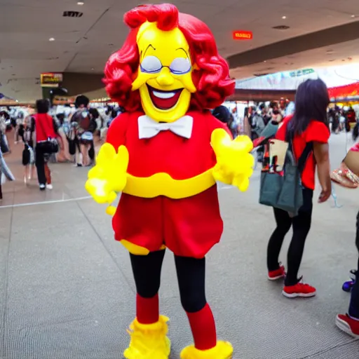 Prompt: photograph of Ronald McDonald cosplaying as the Burger King, Anime Expo, 4k