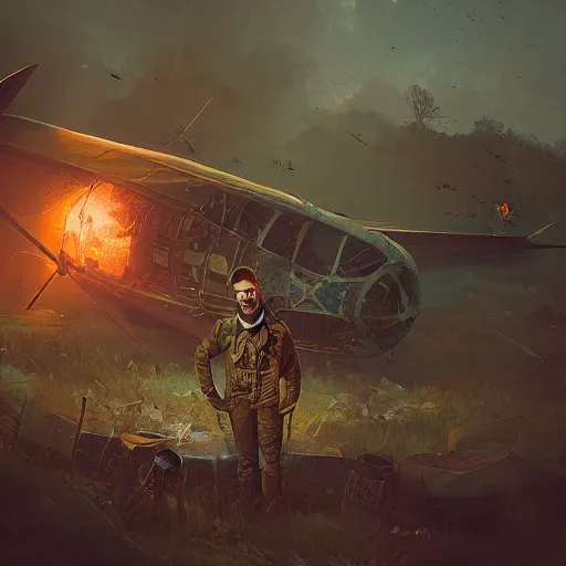 Image similar to a young pilot next to his crashed plane, steampunk, an epic fantasy, dramatic lighting, cinematic, establishing shot, extremely high detail, photorealistic, cinematic lighting, artstation, by simon stalenhag, christopher nolan