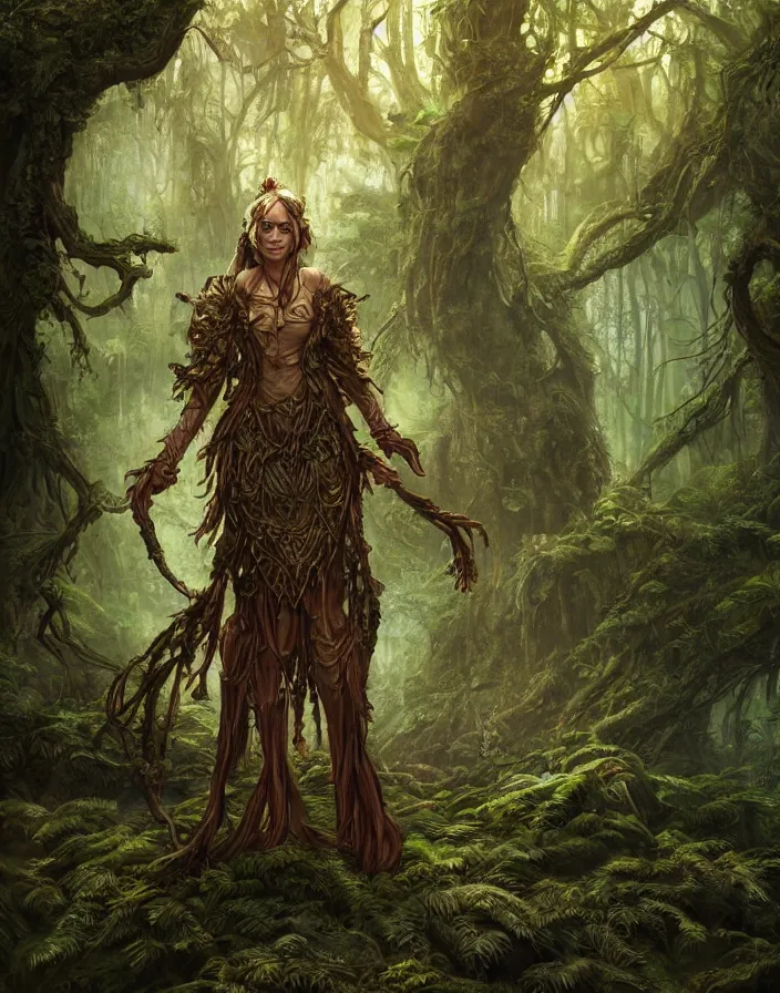 Image similar to a woman tree druid with fern clothing, fully clothed, two arms, standing in front of a sprawling forest temple, D&D, fantasy, intricate, cinematic lighting, highly detailed, digital painting, artstation, concept art, smooth, sharp focus, illustration, art by Justin Gerard