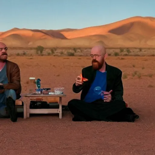 Image similar to walter white and jessie pinkman cooking meth in their rv in the desert,