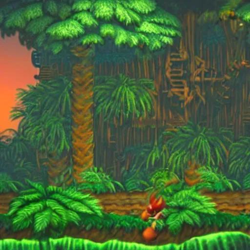 Prompt: still of sunset in the jungle of donkey kong country snes, in the movie hook, real life, photorealistic, soft focus, long exposure