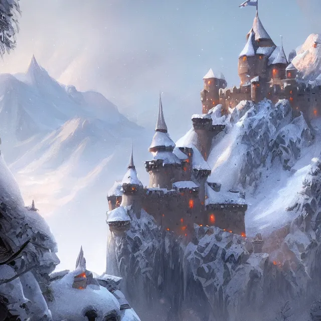 Image similar to a painting of a castle in the middle of a snowy mountain, a detailed matte painting by andreas rocha and greg rutkowski, featured on artstation, fantasy art, matte drawing, matte painting, artstation hq