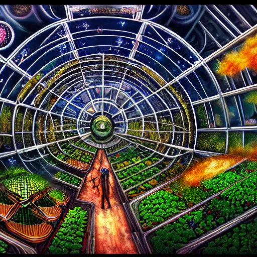 Image similar to a cinematic view of the inside of a fractal combustion engine, large indoor greenhouse with exotic plants, retrofuturism, scifi art, oil on canvas, biodome, stars in the sky above, details, hyper - detailed, hd, hdr, 4 k, 8 k
