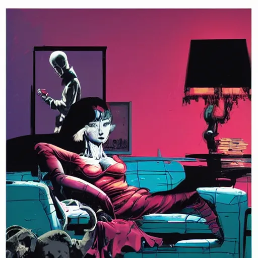 Prompt: female android relaxing on sofa, dark, elegant, cover artwork by philippe caza and Jenny seville, midnight hour, part by francis bacon + adrian ghenie, part by jeffrey smith, part by josan gonzales, part by norman rockwell, part by phil hale, part by kim dorland, rich deep color scheme, artstation, detailed illustration