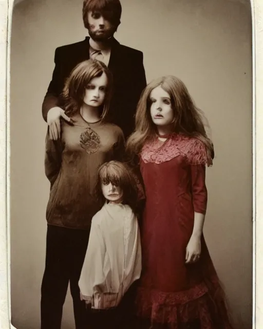 Prompt: an instant photo of a beautiful but sinister family in layers of fear, with haunted eyes and tangled dark hair, 1 9 7 0 s, seventies, delicate embellishments, a little blood, crimson, painterly, offset printing technique, mary jane ansell