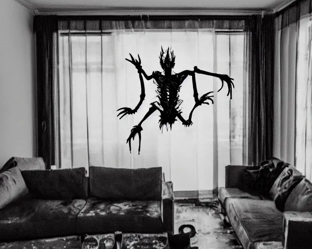 Prompt: transparent horror demon evil spirit attacks in living room with interior photos shot on iphone, dynamic pose, full body shot, sharp focus, grainy, corpse, paranormal flashlight, deep night, total darkness,