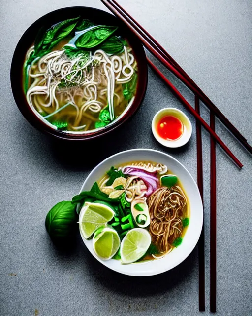 Image similar to realistic photo of delicious pho, ramen, bowl, white kitchen table, cloth, thai basil, highly detailed, by marc haydon, kailee mandel, masterpiece, award winning, food photography